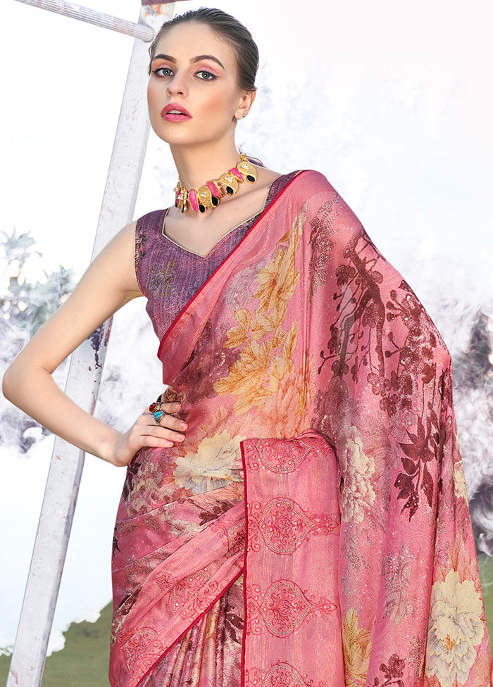 Pink Chiffon Silk Embroidered Saree With Blouse Piece