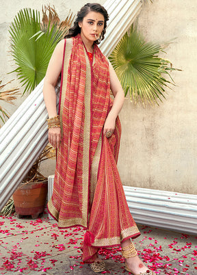 Red Georgette Foil Emblished Saree With Blouse Piece