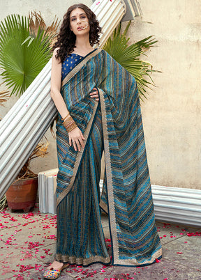 Blue Georgette Foil Emblished Saree With Blouse Piece