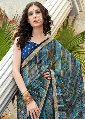 Blue Georgette Foil Emblished Saree With Blouse Piece