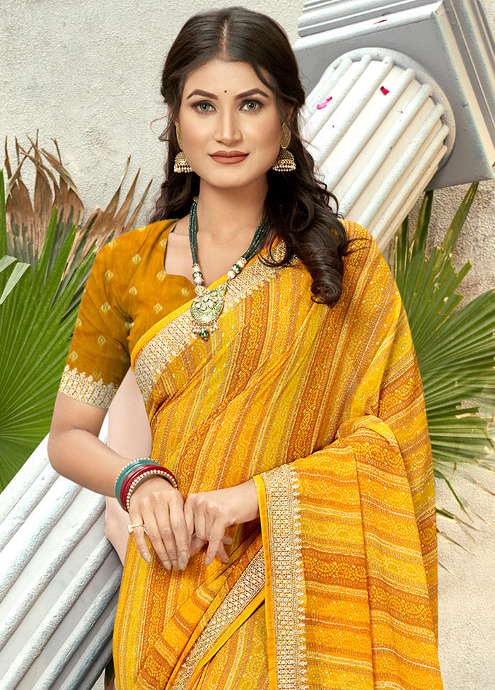 Yellow Georgette Foil Emblished Saree With Blouse Piece