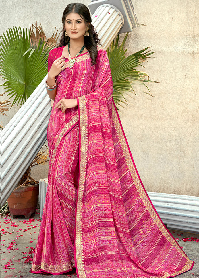 Pink Georgette Foil Emblished Saree With Blouse Piece