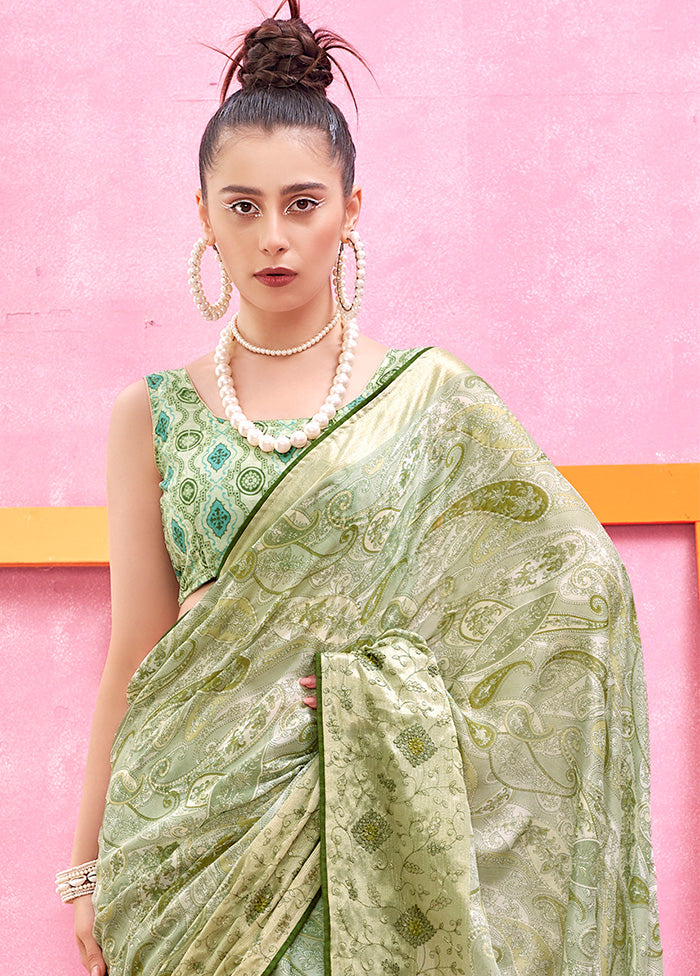 Sea Green Chiffon Silk foil Emblished Saree With Blouse Piece