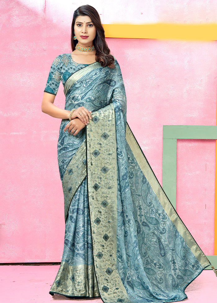 Blue Chiffon Silk foil Emblished Saree With Blouse Piece