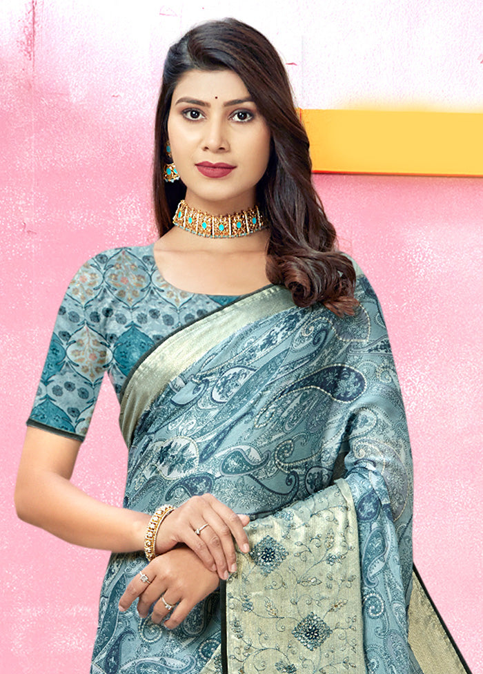 Blue Chiffon Silk foil Emblished Saree With Blouse Piece