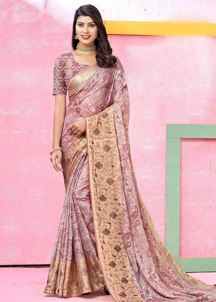 Peach Chiffon Silk foil Emblished Saree With Blouse Piece