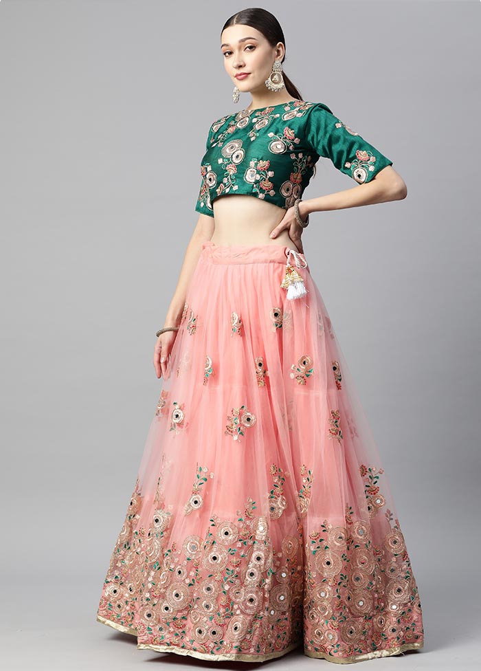 3 Pc Pink Crepe Semi Stitched Lehenga Set