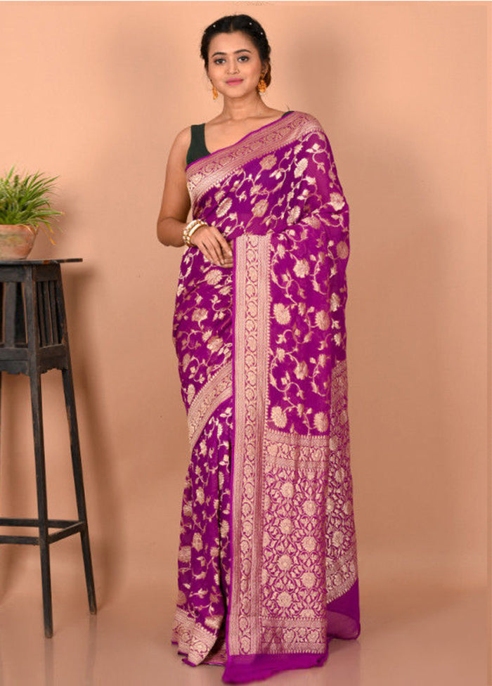 Purple Chiffon Pure Silk Saree With Blouse Piece
